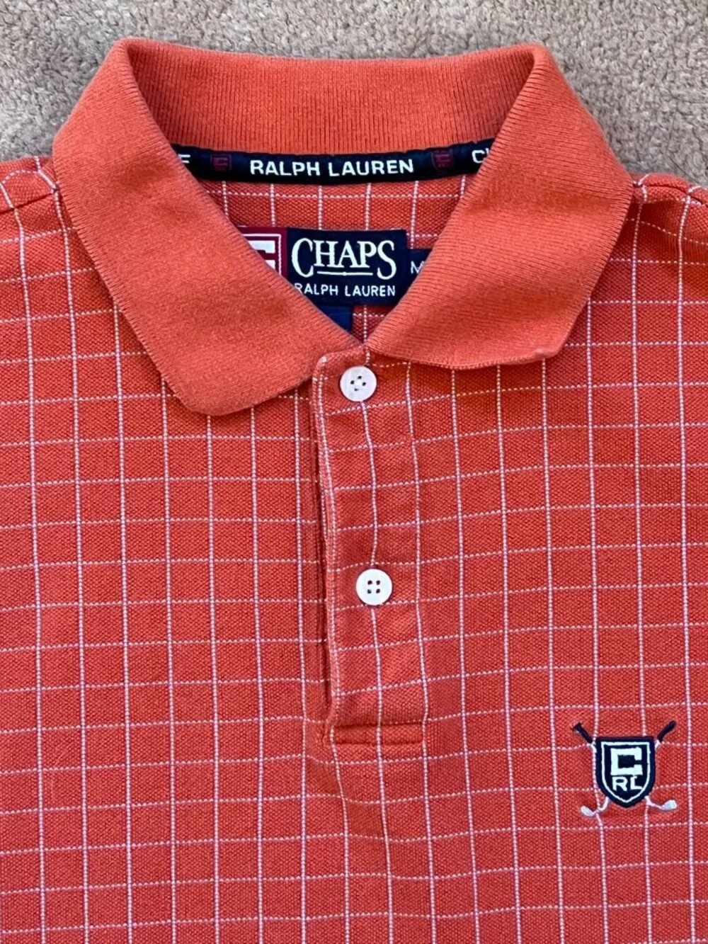 Vintage 90s Chaps Ralph Lauren Golf Shield Polo Shirt Men's M Orange Pattern